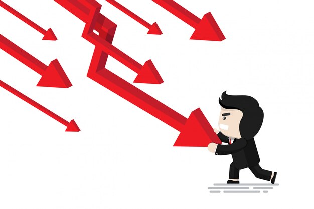 Empresário, empurrando a seta para parar de cair gráfico de seta, personagem de design flat, elemento de ilustração, conceito financeiro Vetor Premium