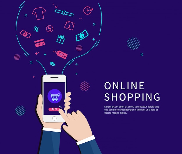 Empresários de compras on-line com o smartphone. Vetor Premium