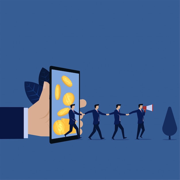 Encaminhamento comercial da recompensa on-line para celular e anúncio com o palestrante. Vetor Premium