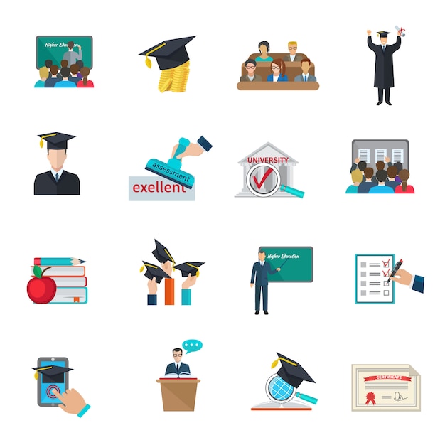 Ensino superior e graduação com capas e conjunto de ícones de bonés acadêmicos Vetor grátis