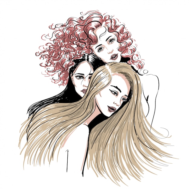 Esboço de três mulheres de estilo de cabelo de cores diferentes Vetor Premium