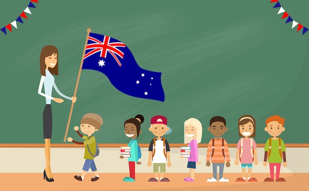 Escola professor, segurando, bandeira austrália Vetor Premium