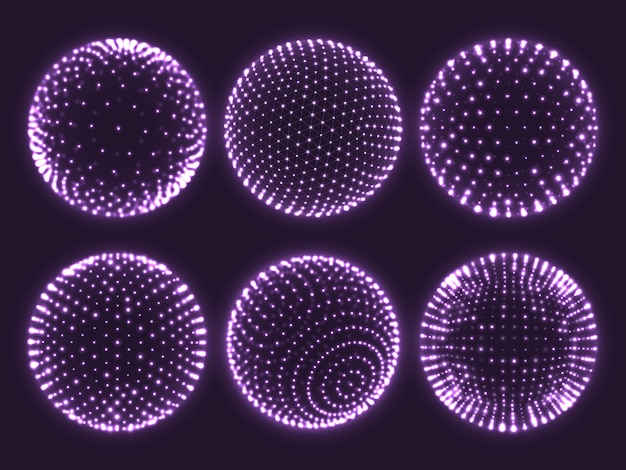 Esfera de geometria grade 3d com pontos de luz, orb átomo, gráfico de partículas de ciência ou ícone de bola de realidade virtual. Vetor Premium