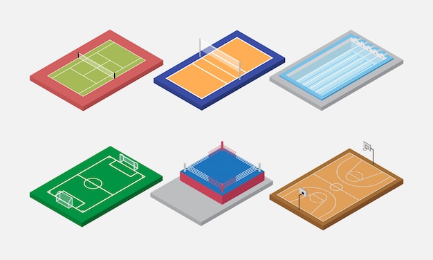 Esporte arena e campo set vector isométrica Vetor Premium