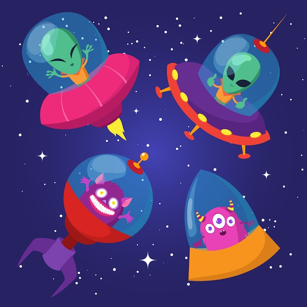 Estrangeiros engraçados dos desenhos animados com ufo no conjunto de céu estrelado de pato Vetor Premium