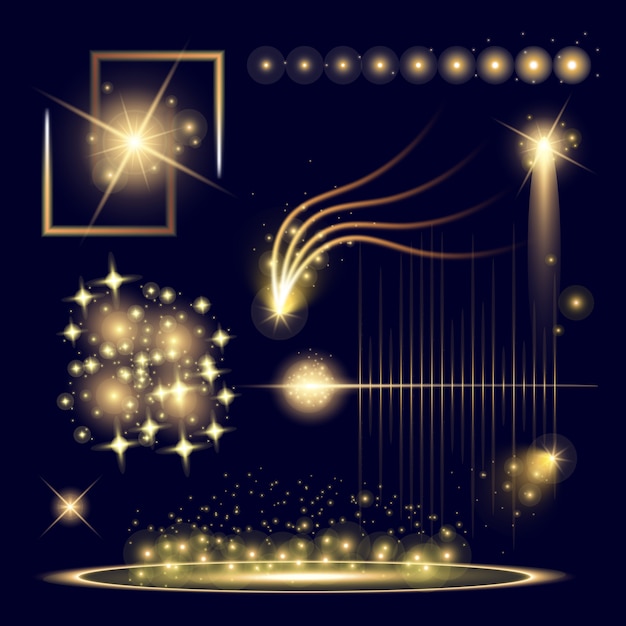 Estrelas de efeito de luz de brilho explode com brilhos. Vetor Premium