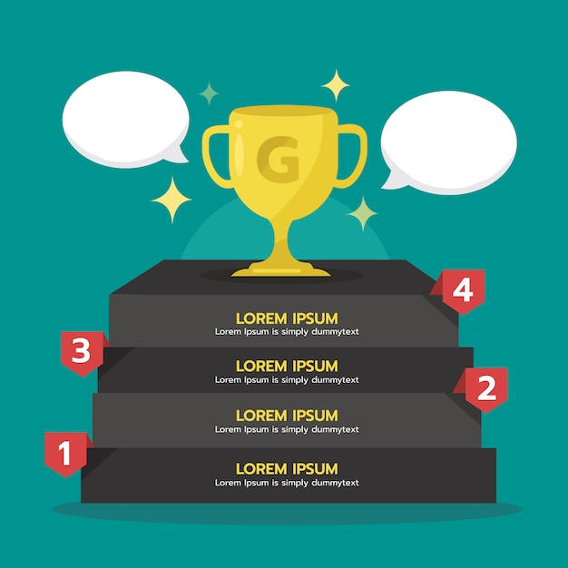 Etapa de infográfico para o sucesso com a copa do troféu de ouro. vencedor, elemento gráfico. Vetor Premium