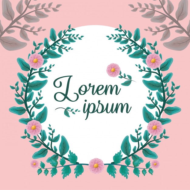 Etiqueta branca com folhas verdes e folhagem de flores cor de rosa, estilo coroa de louros Vetor grátis