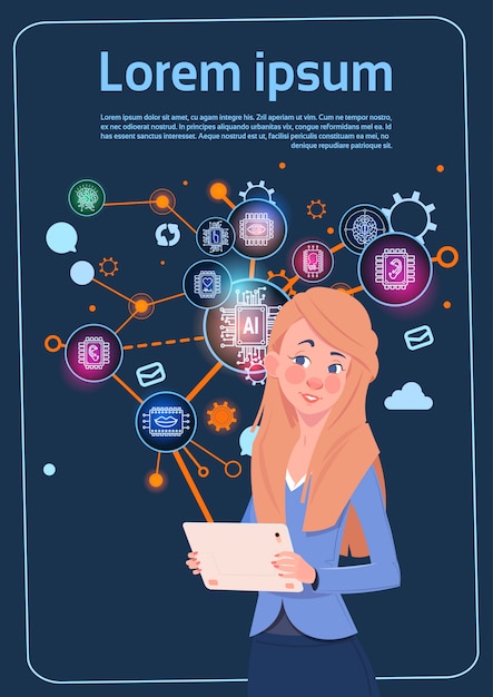 Executiva, segurando, apresentação, levantar, sobre, tela digital, com, gráficos, e, gráfico, infográficos, negócio Vetor Premium