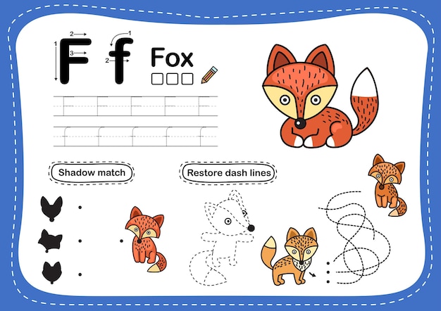 Exercicio Da Letra F Fox Do Alfabeto Com Vocabulario De Desenho Animado Vetor Premium