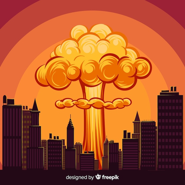 Explosão nuclear dos desenhos animados em uma cidade Vetor grátis