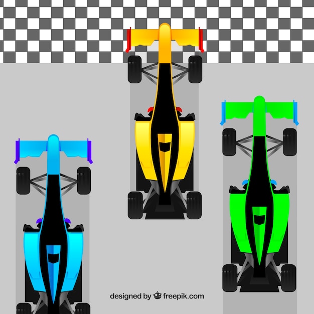F1 carros de corrida de cores diferentes cruzando a linha de ...
