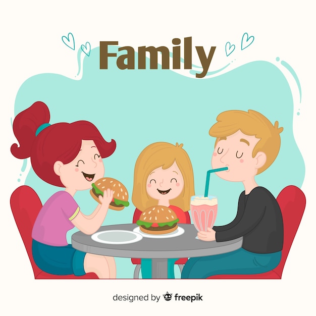 Família desenhada de mão comendo burguers juntos Vetor grátis