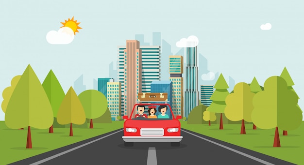 Família feliz plana dos desenhos animados com criança viajando juntos via automóvel Vetor Premium