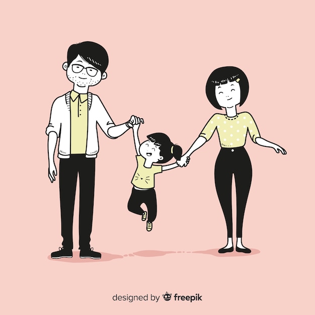 Família jovem no estilo de desenho coreano Vetor grátis