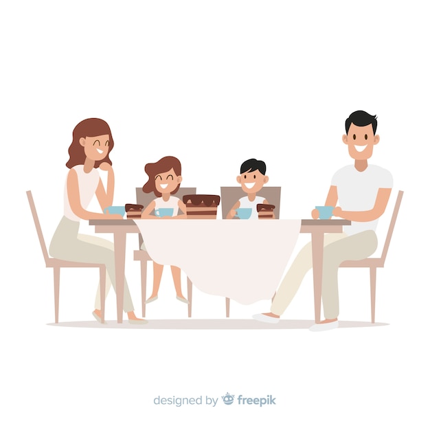 Família, sentando, ao redor, tabela Vetor grátis