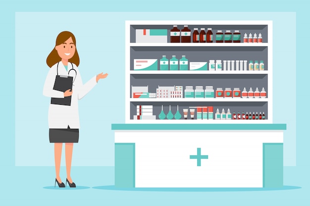 Farmácia com farmacêutico e cliente no balcão Vetor Premium