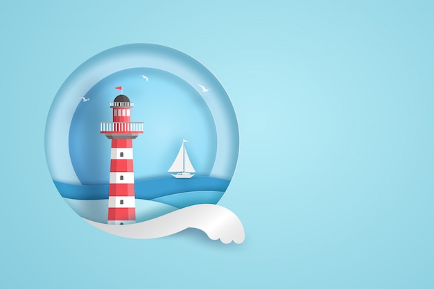 Farol vermelho e branco no quadro do círculo com o mar, as nuvens, os pássaros e o barco azuis. conceito de arte de papel de vetor. Vetor Premium