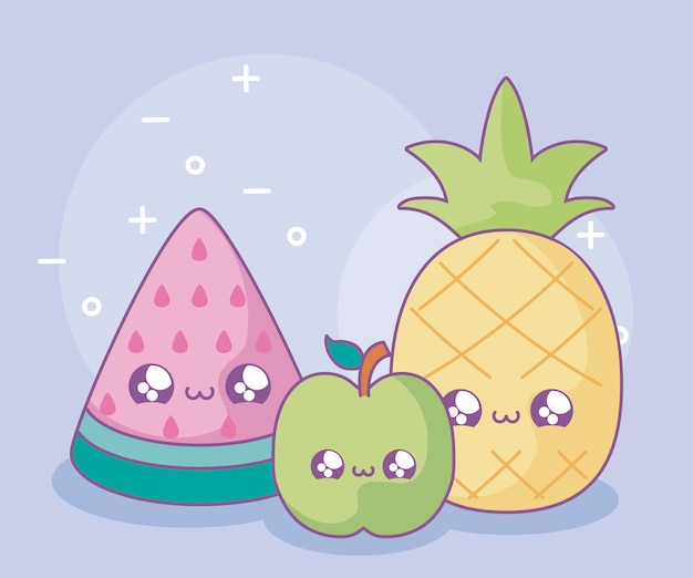 Fatia de melancia com abacaxi e maçã estilo kawaii Vetor Premium