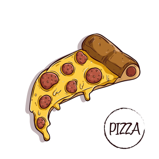 Fatia deliciosa pizza com calabresa usando mão colorido desenhado ou estilo doodle Vetor Premium