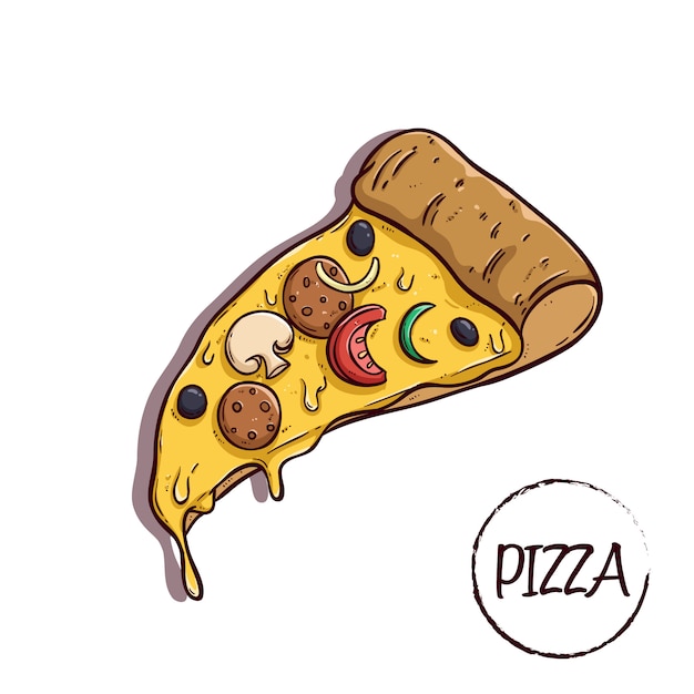 Fatia pizza com queijo e deliciosa cobertura usando estilo colorido doodle Vetor Premium