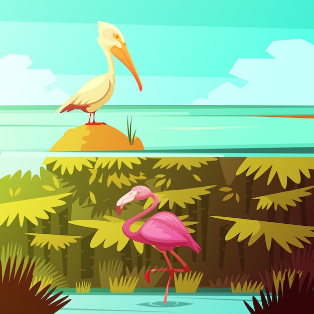 Fauna tropical 2 banners de desenho animado retrô conjunto com pássaro rosa flamingo e pelicano Vetor grátis