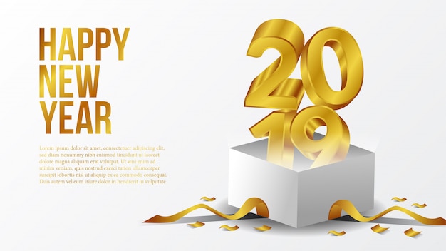 Feliz ano novo festa com ouro 3d com caixa aberta Vetor Premium