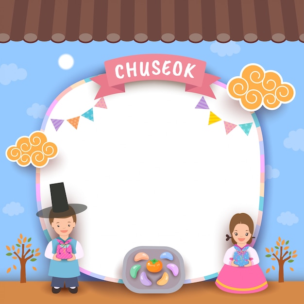 Feliz chuseok frame do telhado com menino e menina coreano Vetor Premium