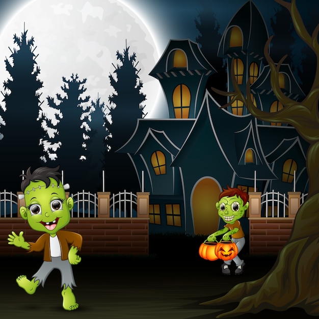 Feliz dia das bruxas com zumbi e frankenstein Vetor Premium