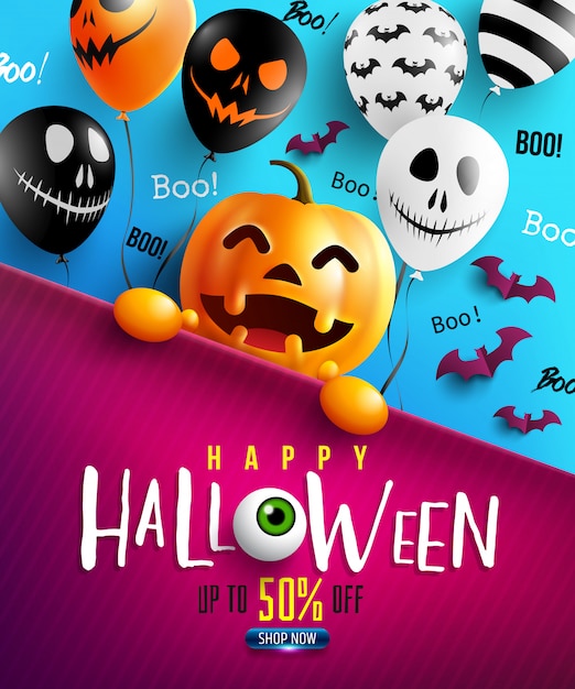 Feliz dia das bruxas doce ou travessura com abóbora de halloween feliz e balões de ar assustadores Vetor Premium