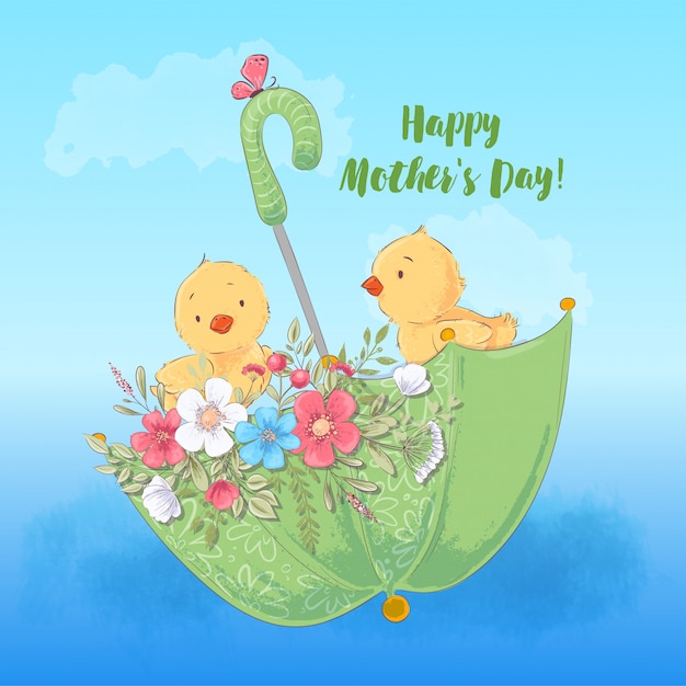 Feliz dia das mães cartão com ilustração de giros galinhas em um guarda-chuva com flores Vetor Premium