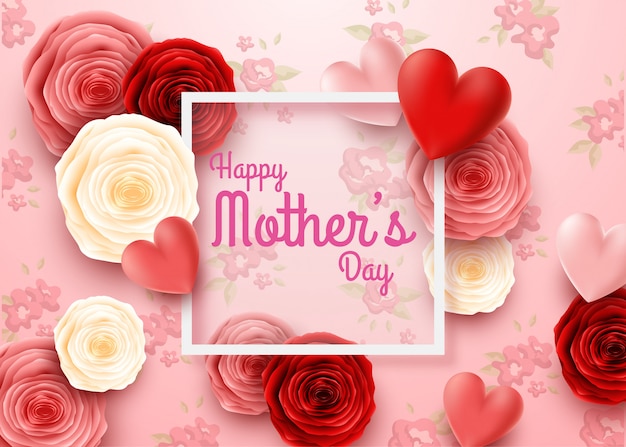 Feliz dia das mães com flores rosas e fundo de corações Vetor Premium