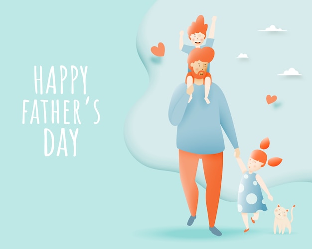 Feliz dia dos pais com pai e filho e filha com esquema pastel e ilustração em vetor arte papel Vetor Premium