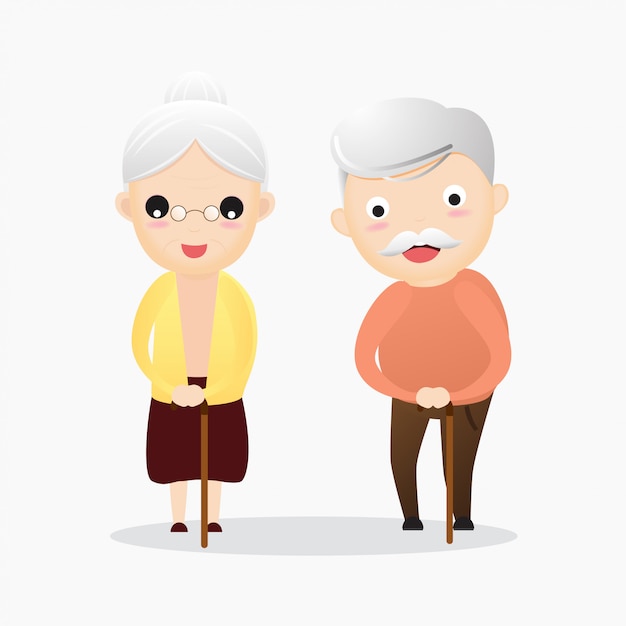 Feliz, homem velho, e, mulher, com, óculos, e, andando cana Vetor Premium