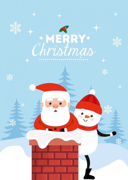 Feliz natal cartão com papai noel e boneco de neve na chaminé Vetor grátis