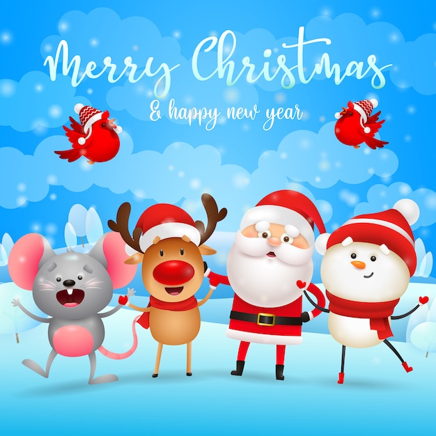 Feliz natal cartão com papai noel, rena, boneco de neve e rato Vetor grátis