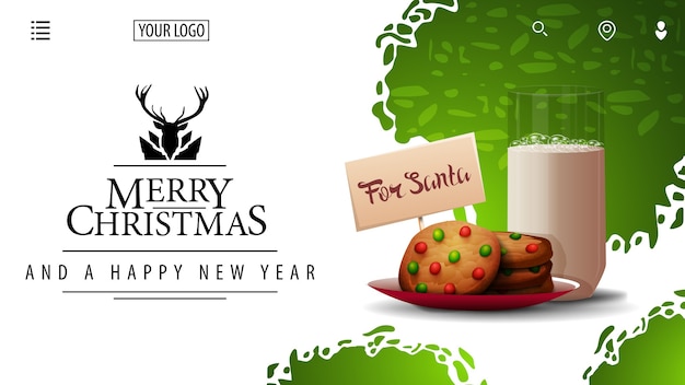 Feliz Natal E Feliz Ano Novo Cartao Branco E Verde Para Site Com Lindo Logotipo Lgreeting E Biscoitos Com Um Copo De Leite Para O Papai Noel Vetor Premium