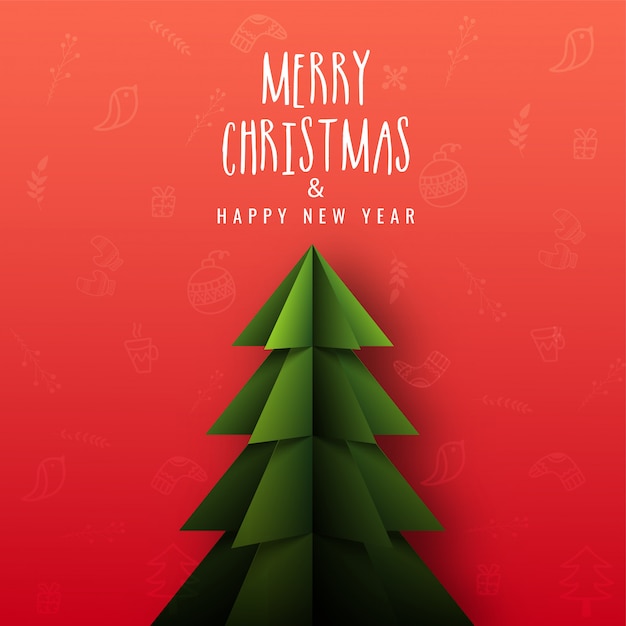 Feliz natal e feliz ano novo cartão design com corte de papel árvore de natal em fundo vermelho elementos festival de natal. Vetor Premium