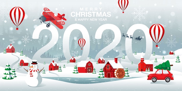 Feliz natal e feliz ano novo em 2020, cidade natal no forrest winter background Vetor Premium