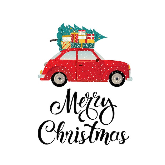 Feliz natal estilizado tipografia vintage carro vermelho | Vetor Premium