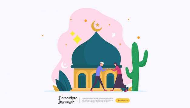 Feliz ramadan mubarak saudação conceito com caráter de pessoas Vetor Premium
