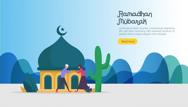 Feliz ramadan mubarak saudação conceito com caráter de pessoas Vetor Premium