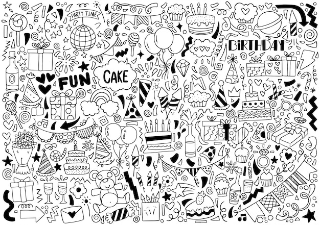 Festa de mão desenhada doodle feliz aniversário ornamentos padrão de fundo Vetor Premium