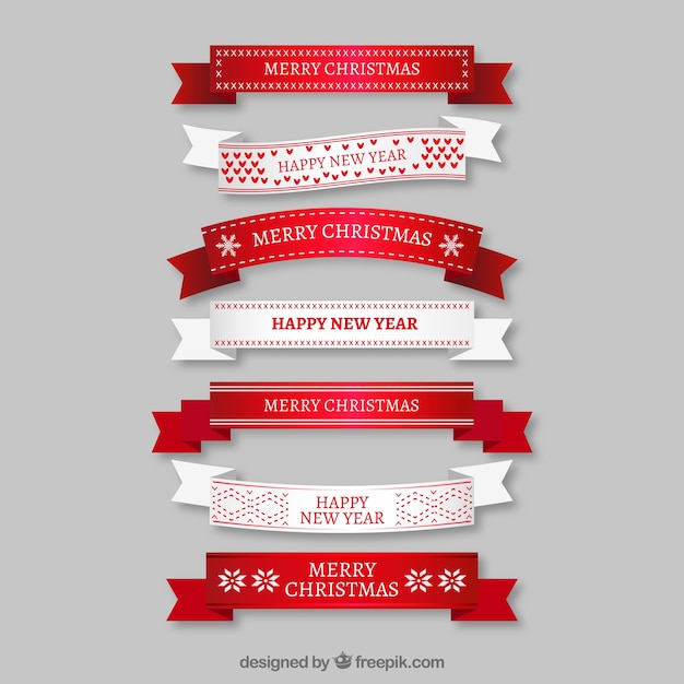Fitas brancas e vermelhas do natal no design plano Vetor grátis