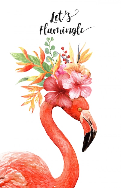 Flamingo da aguarela com o ramalhete tropical na cabeça. Vetor Premium