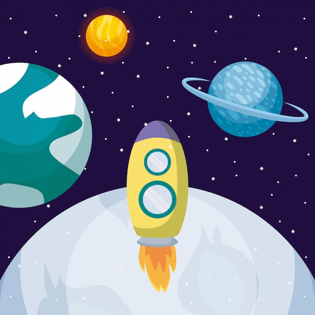 Foguete de inicialização com a lua e planetas Vetor Premium