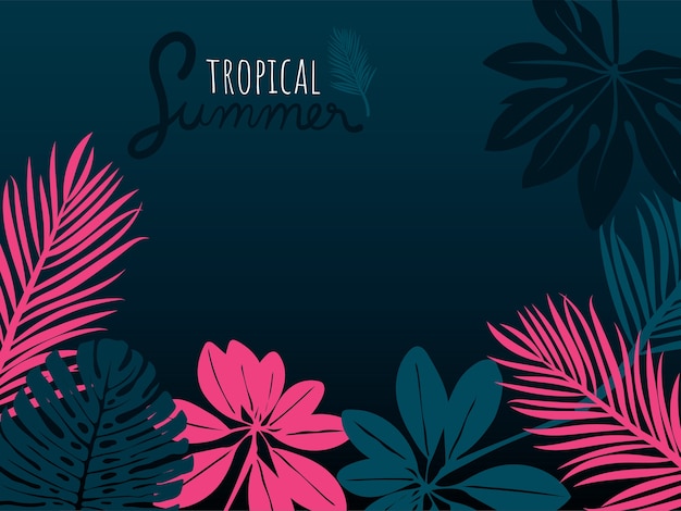 Folhas De Verão Tropical Rosa E Azul Sobre Fundo Azul Escuro Vetor Premium 9204