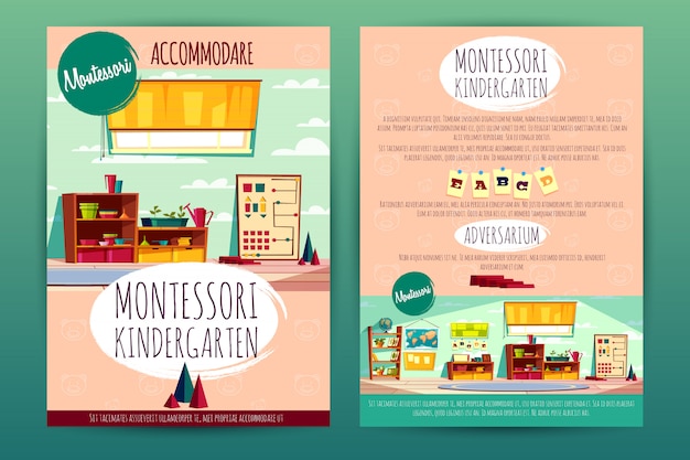 Folhetos com jardim de infância de montessori, ensinando na instituição de pré-escola de desenho animado Vetor grátis