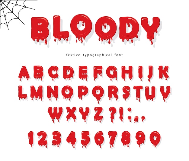 Fonte de sangue de halloween. letras e números líquidos vermelhos do