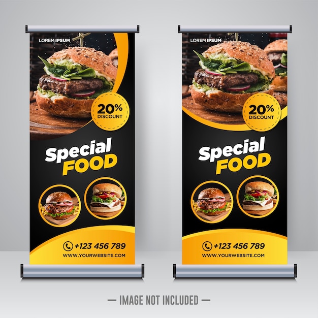 Food and restaurant roll up banner design template Vetor Premium